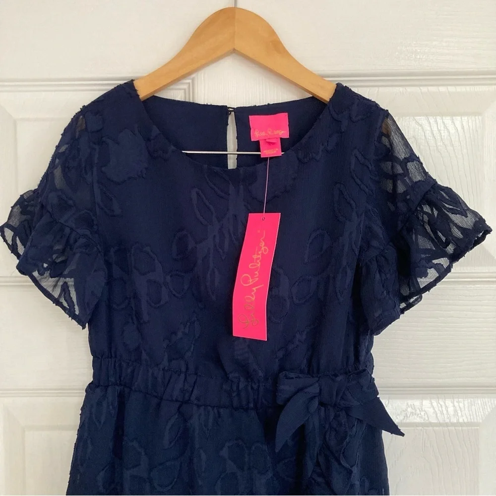Lilly Pulitzer Mini Darlah Botanical Clip True Navy Chiffon Dress, Girl's Size 7